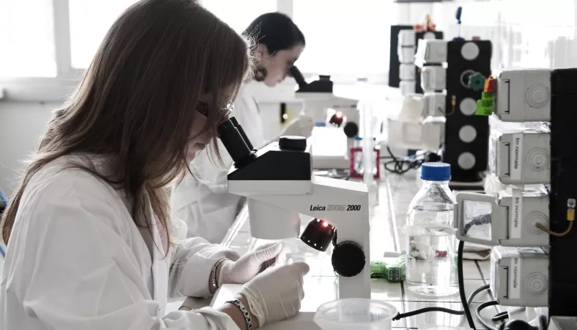 Laboratorio e studentesse al microscopio